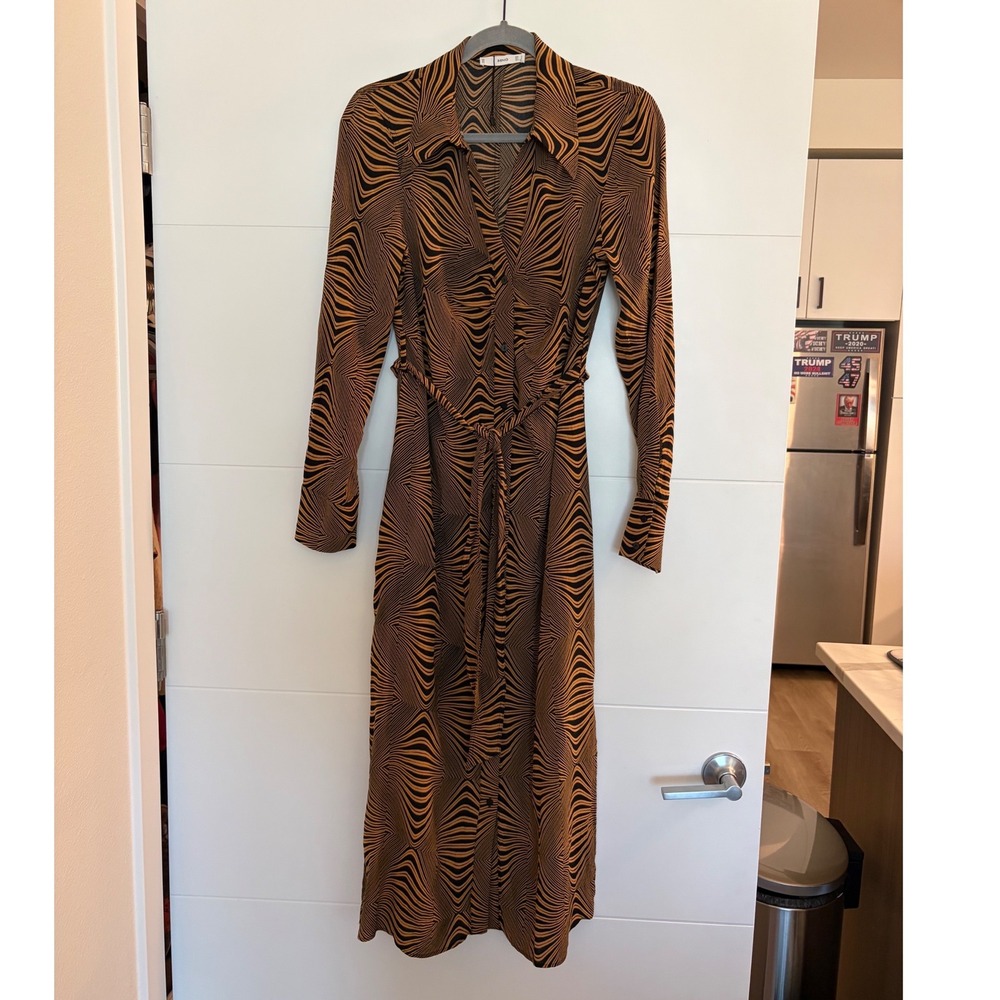 Mango MNG Zebra Print Soft Midi Shirt Dress Brown Black Long Sleeve Size 6 Fall